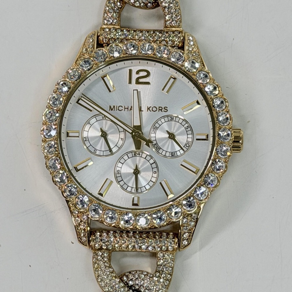 Michael Kors MK-4653 Womens Watch Silver Dial Gold Tone Crystal Chain Quartz
